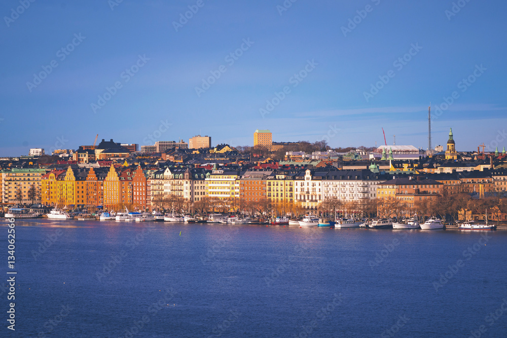 Stockholm with colorful buildings in sunlight