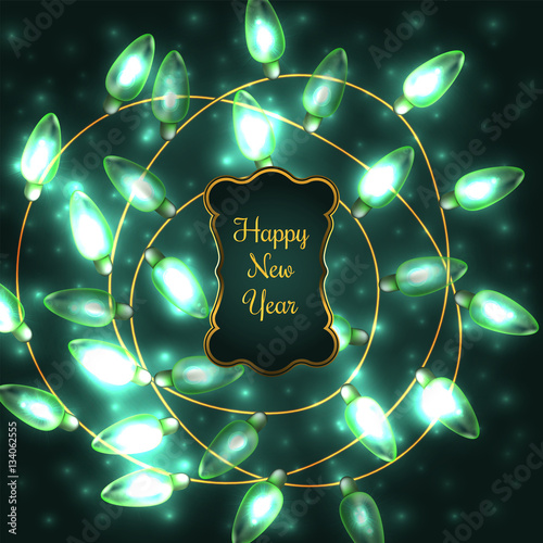 Colorful Green Glowing Christmas Lights.Vector elements can be used as backdrop for new Year decoration. Holiday Illustration, luminous electric garland, shiny light bulbs and wire