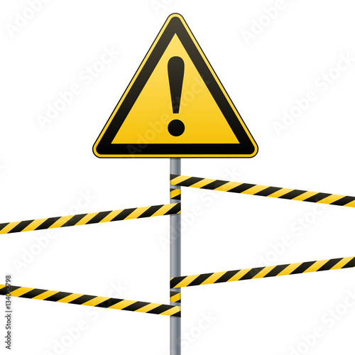 Caution - danger Warning sign safety. A yellow triangle with black image. The on the pole and protecting ribbons. Vector .