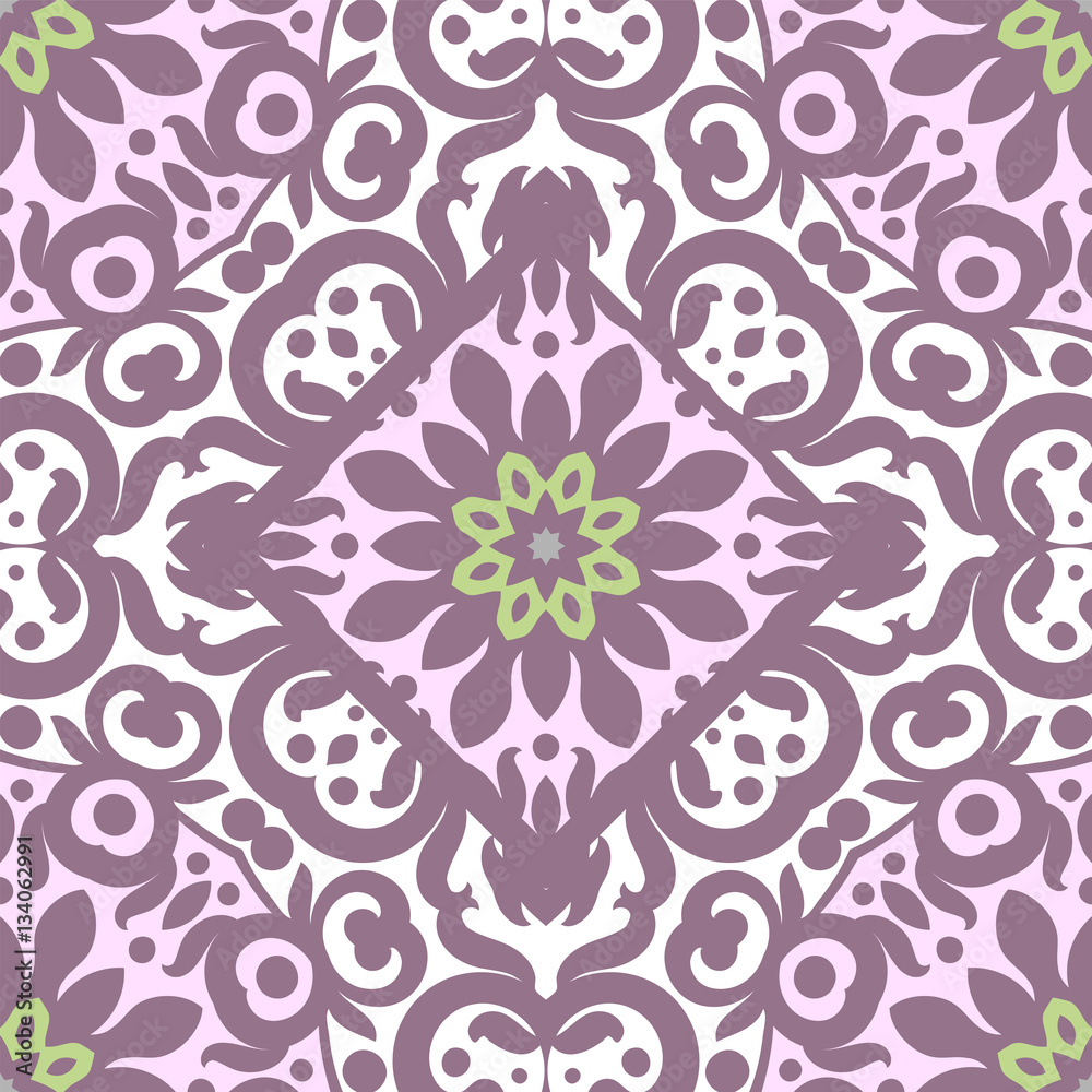 Vector seamless pattern with bright ornament. Tile in Eastern style. Ornamental lace tracery. Ornate swirl geometrical decor for wallpaper. Traditional arabic mosaic design Vector seamless pattern with bright ornament. Tile in Eastern style. Ornamental lace tracery. Ornate swirl geometrical decor for wallpaper. Traditional arabic mosaic design