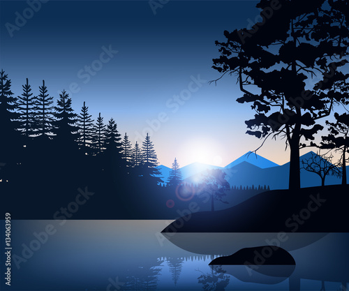 Nature backdrop of mountains and lake landscape with silhouette trees