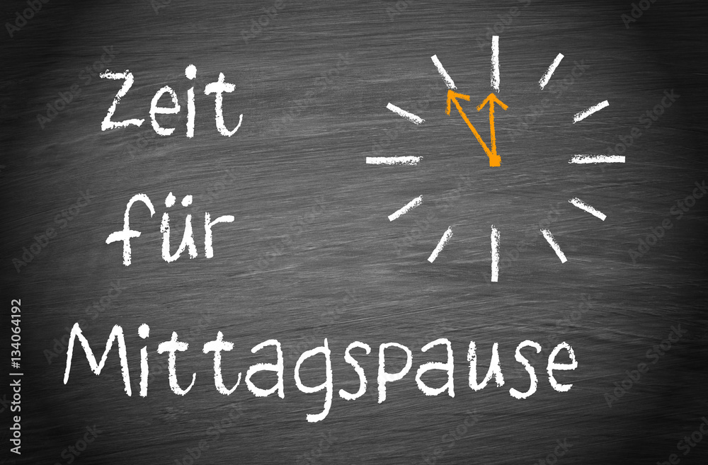 Zeit für Mittagspause, Kreidetafel mit Uhr und Text StockIllustration