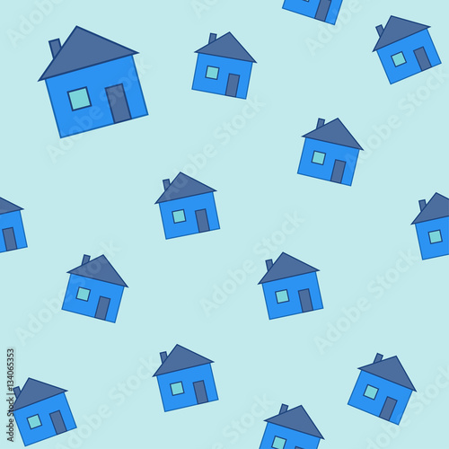 Seamless pattern of little houses on the blue background. Can be used to create paper for wrapping gifts, wallpaper for children's rooms and fabrics, home textiles 