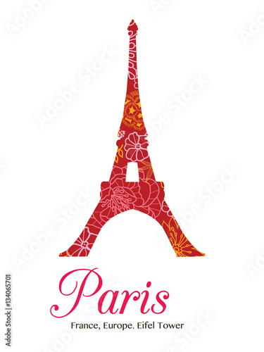 Vector Red Floral Eifel Tower Paris On St Valentines Day Of Love. Perfect for travel themed postcards, greeting cards, wedding invitations.