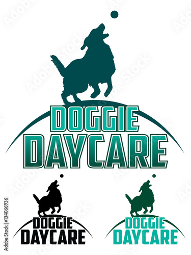 Doggie Daycare is an illustration of a design for a dog daycare. Includes a dog playing with a ball and text. Comes in back and white and more complex color designs.