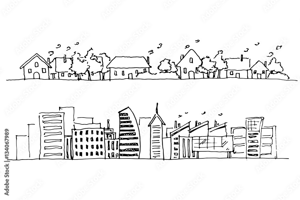 Cartoon hand drawing of small town, rural area. Ve - Stock Illustration  [29061586] - PIXTA