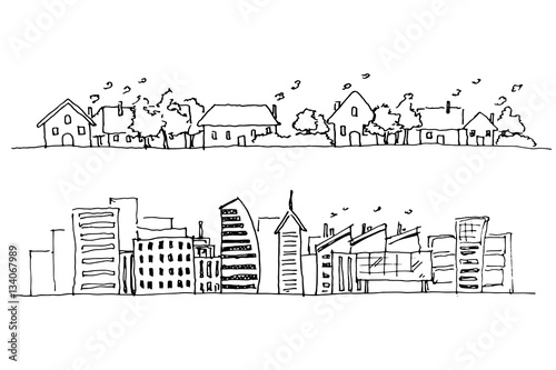 Hand drawing of city, rural and urban area.