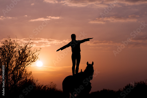 silhouette of a girl standing on a horse on a background of sunset and sunrise. The rider performs a trick. The man straightened his arms like wings