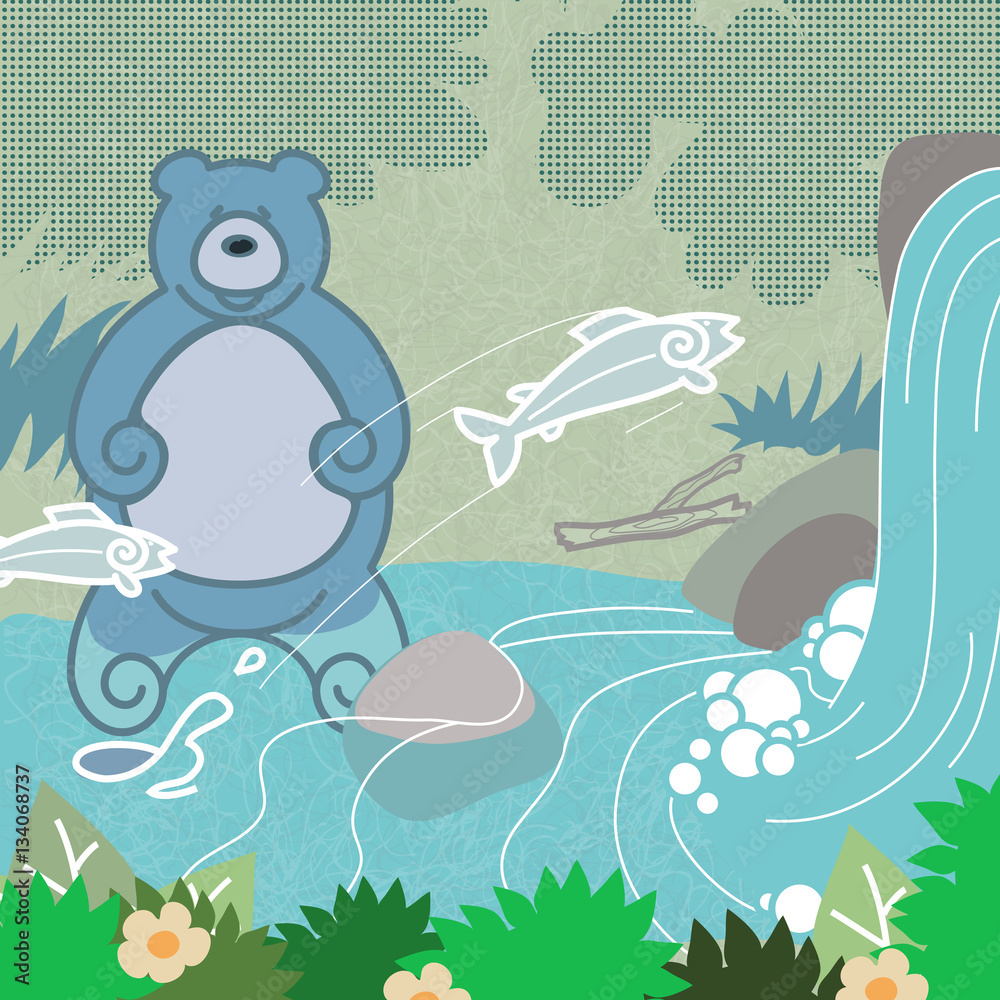 Fototapeta premium An animated brown bear fishing for salmon in a river with a water fall. 