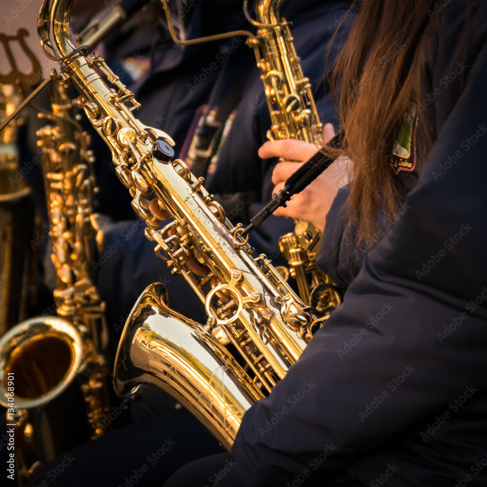 Obraz premium Saxophones of a municipal band.