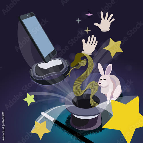 A magicians hat, cell phone, magic hands, stars, a rabbit and a computer cable shaped like a snake.