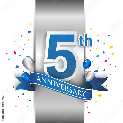 5th anniversary logo with silver label and blue ribbon, balloons, confetti. 5 Years birthday Celebration Design for party, and invitation card