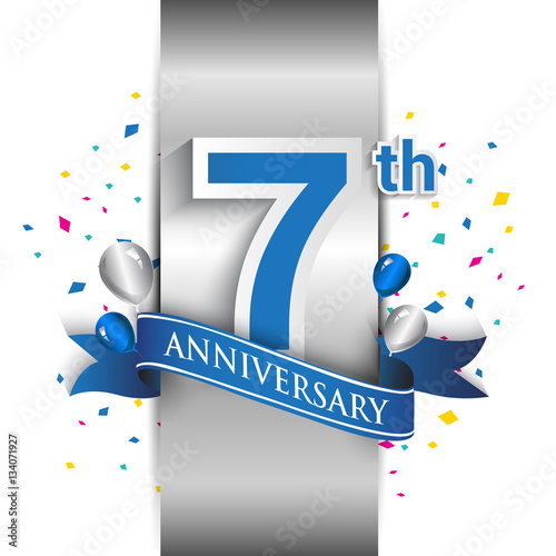 7th anniversary logo with silver label and blue ribbon, balloons, confetti. 7 Years birthday Celebration Design for party, and invitation card