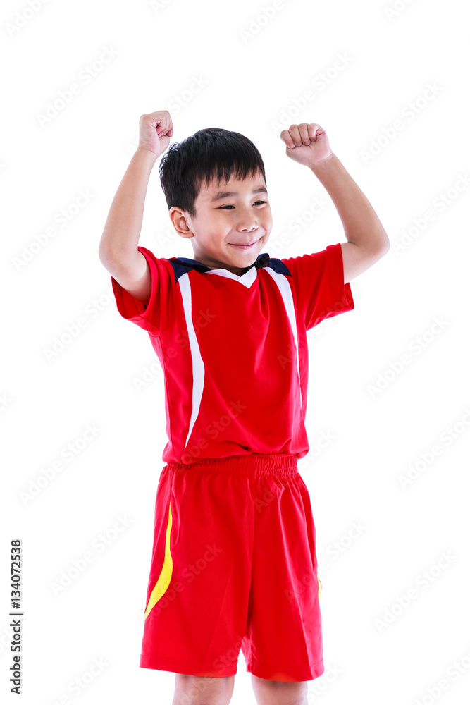 Asian soccer player showing arm up gesture. Action of winner Asian soccer player showing arm up gesture. Action of winner