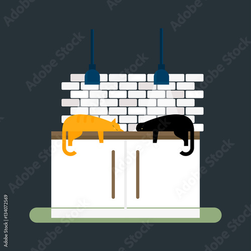 Kitchen cats and furniture interior flat style vector illustration