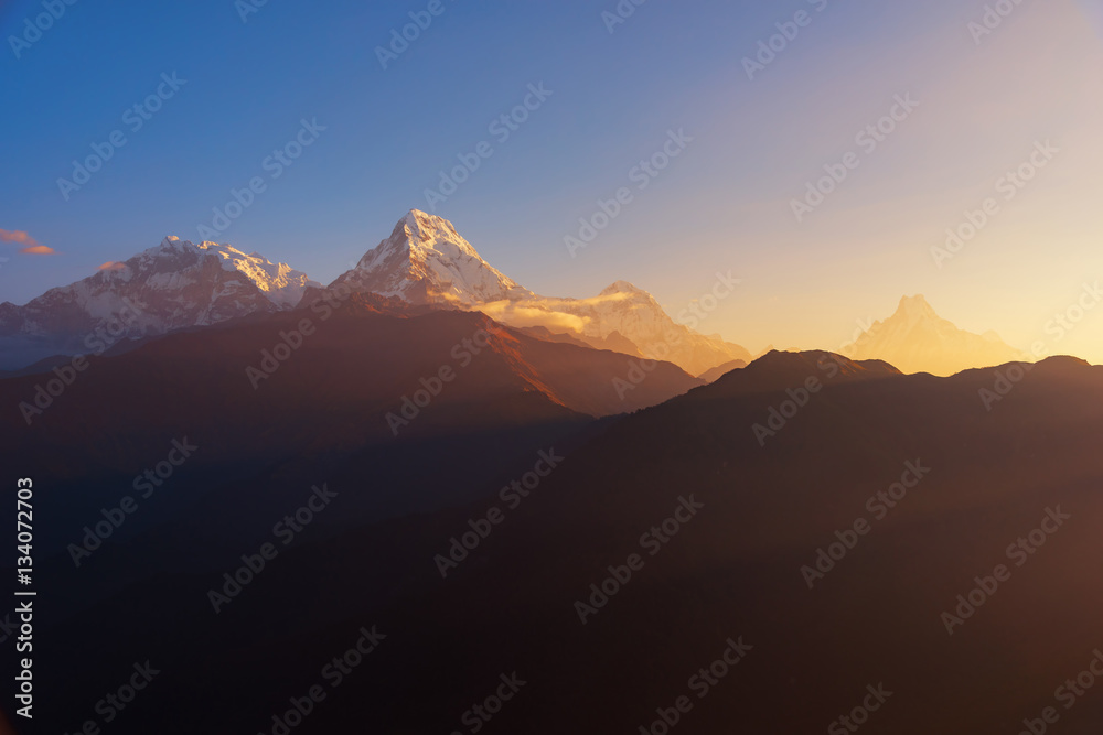 View of Annapurna and Machapuchare peak at Sunrise from Poon Hill, Nepal.