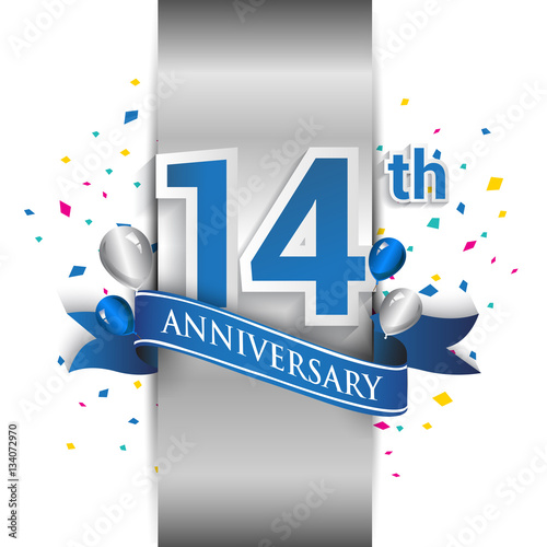 14th anniversary logo with silver label and blue ribbon, balloons, confetti. 14 Years birthday Celebration Design for party, and invitation card