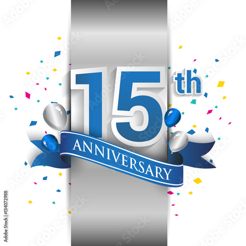 15th anniversary logo with silver label and blue ribbon, balloons, confetti. 15 Years birthday Celebration Design for party, and invitation card