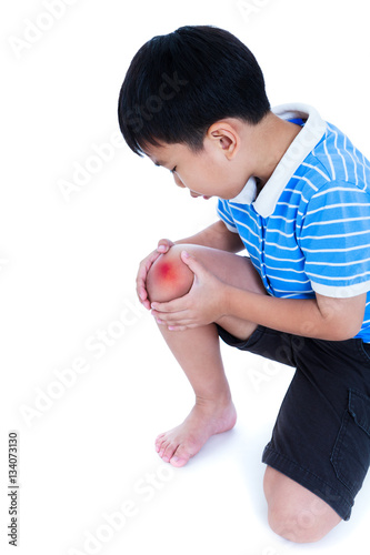 Closeup of child injured at knee. Isolated on white background.