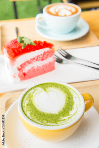 milk hot green tea and coffee shop and cake strawberry cake