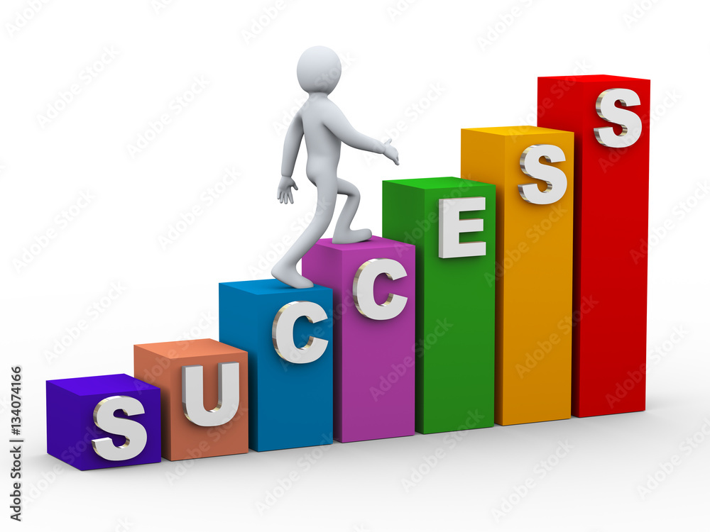 3d man walking on success bars 3d man walking on success bars