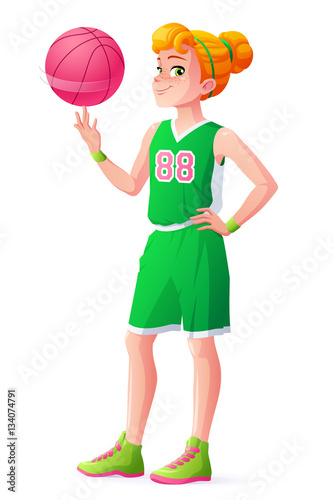 Vector young redhead basketball player girl spinning ball on finger.