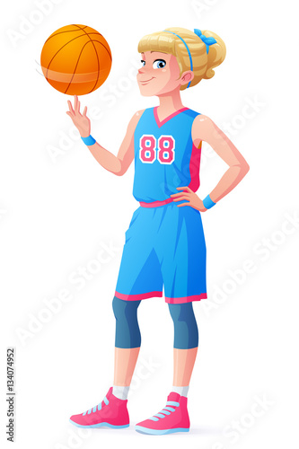 Vector cute little basketball player girl spinning ball on finger.