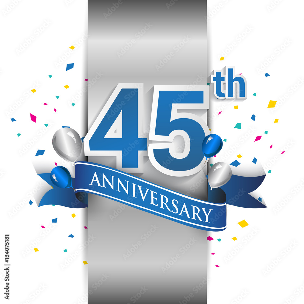 45th anniversary logo with silver label and blue ribbon, balloons
