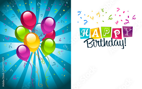 Happy birthday greeting invitation card with party balloons and confetti