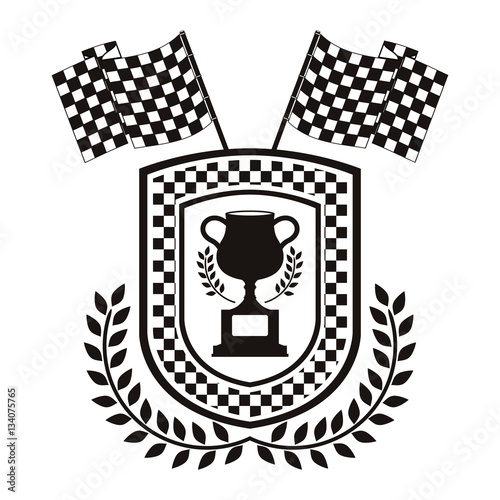 monochrome shield trophy cup with flags and olive branchs vector illustration