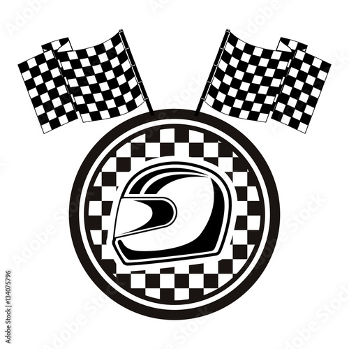 emblem monochrome circle with racing helmet and flags vector illustration