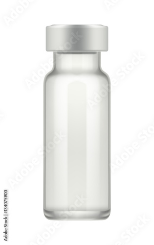 Empty transparent glass vial for medical drug. Realistic 3d mock-up of ampoule with medicament injection. Blank template of phial with cap. Vector illustration isolated on background