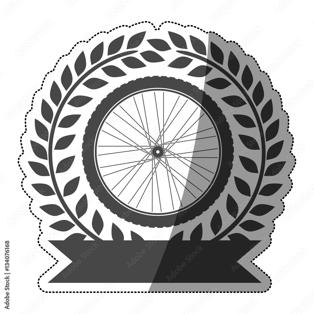 sticker motorcycle wheel award in monochrome with olive branch and ribbon with half shaded vector illustration