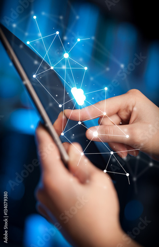 Obraz w ramie Fingers touching tablet with cloud concept