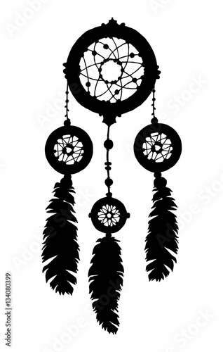 Dream catcher silhouette with feathers and beads.