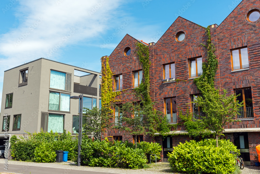 Modern houses made of bricks and concrete seen in Berlin, Germany