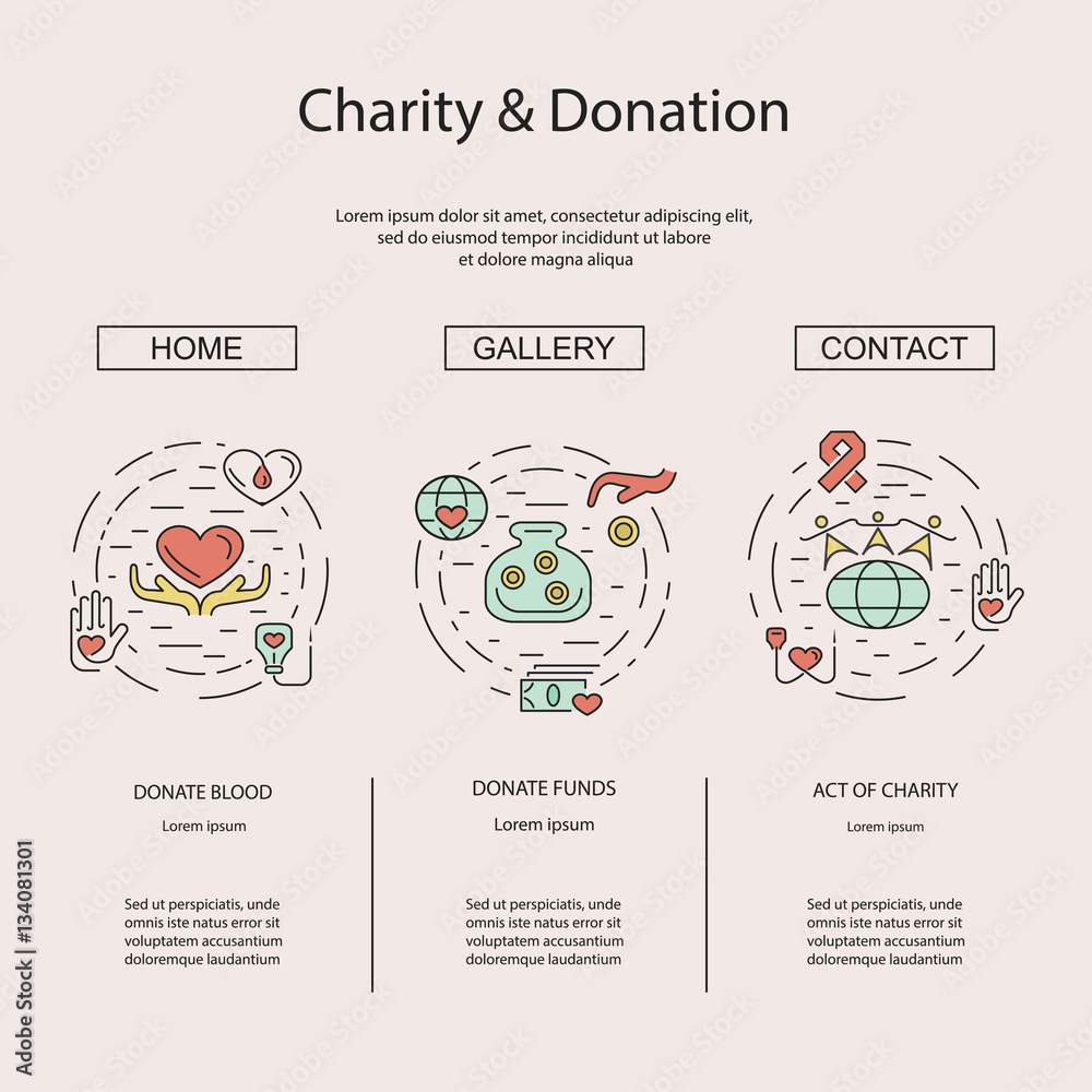 Naklejka premium Charity and donation concept set for web banners, printed materials, infographics, websites. Creative icons in thin line flat design. Vector illustration eps10