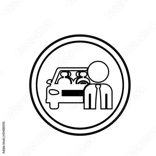 silhouette circular shape with driver and vehicle vector illustration