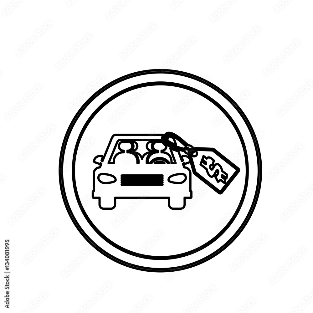 silhouette circular border with car and price tag dollar vector illustration