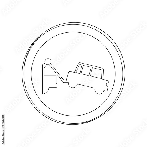 silhouette circular contour road sign with tow truck vector illustration