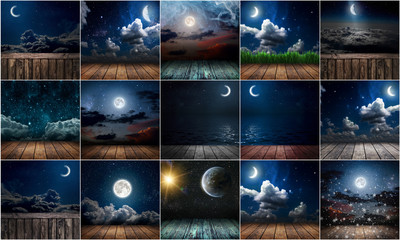collection background night sky with stars, moon and clouds. wood floor. Elements of this image furnished by NASA