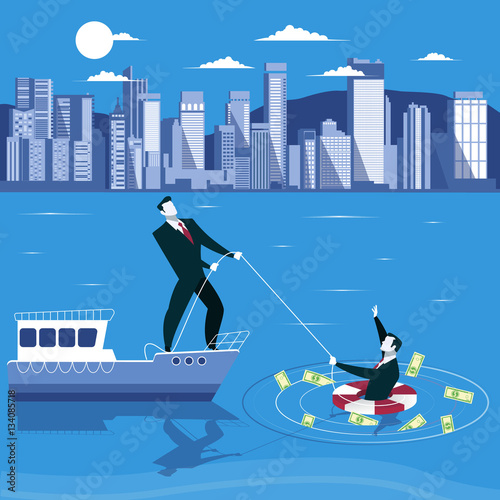 Businessman is drowning and ask for help from his partner. Business failure concept vector illustration
