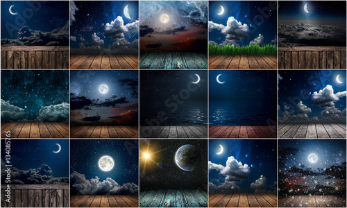 collection background night sky with stars, moon and clouds. wood floor. Elements of this image furnished by NASA