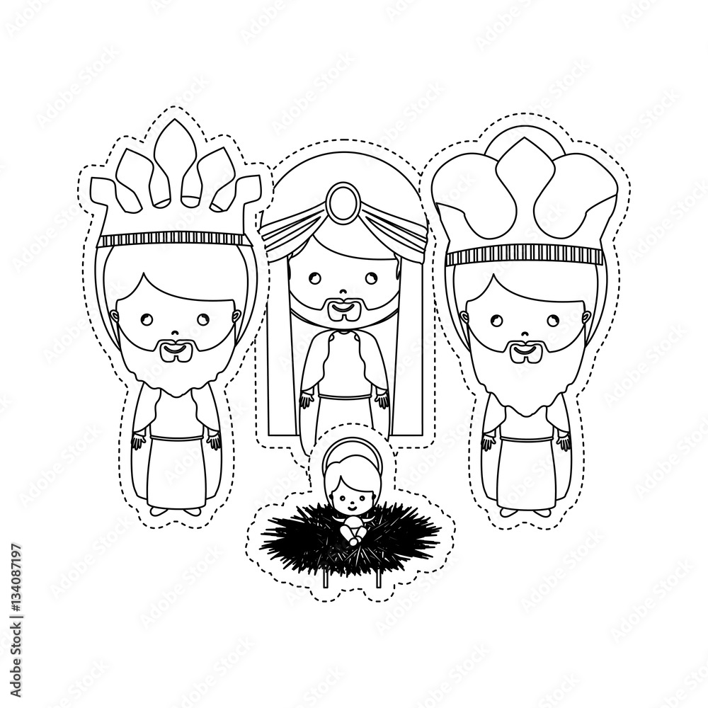 dotted sticker the three wise men with jesus baby vector illustration