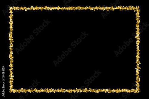 Gold frame glitter texture isolated on black. Golden color of winners. Gilded abstract particles. Explosion of confetti shine. Celebratory background. Vector illustration,eps 10.