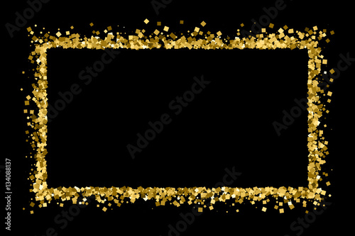 Gold frame glitter texture isolated on black. Golden color of winners. Gilded abstract particles. Explosion of confetti shine. Celebratory background. Vector illustration,eps 10.