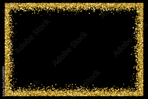 Gold frame glitter texture isolated on black. Golden color of winners. Gilded abstract particles. Explosion of confetti shine. Celebratory background. Vector illustration,eps 10.