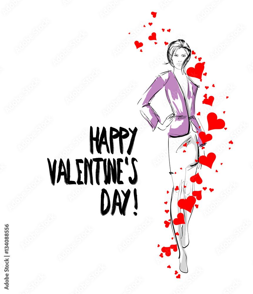 Fashion sketch Valentine's Day. Girl with hearts on a white back Fashion sketch Valentine's Day. Girl with hearts on a white back