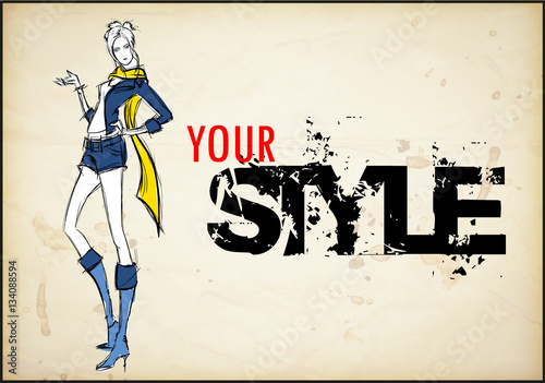 Sketch. Vector illustration of a pretty girl on a abstract backg