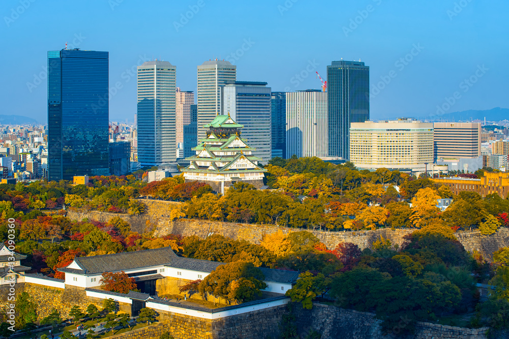 Fototapeta premium Zamek Osaka w Osace z jesiennych liści, Japonia
